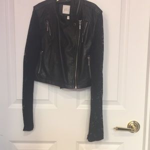 Faux leather jacket with lace sleeves